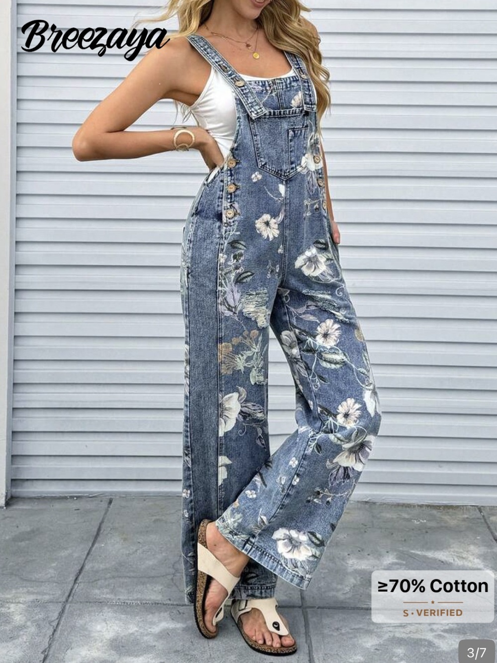 Floral Distressed Denim Wide Leg Bib Overalls Boho Jumpsuit Small Oversized